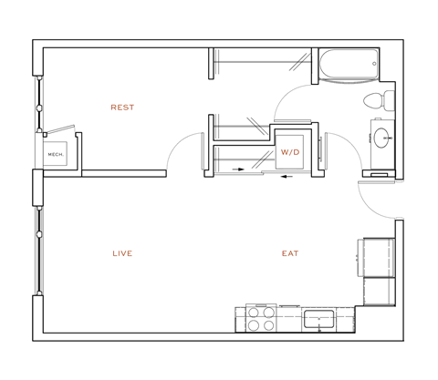 A floor plan of a room with labeled areas for living, dining, and sleeping.